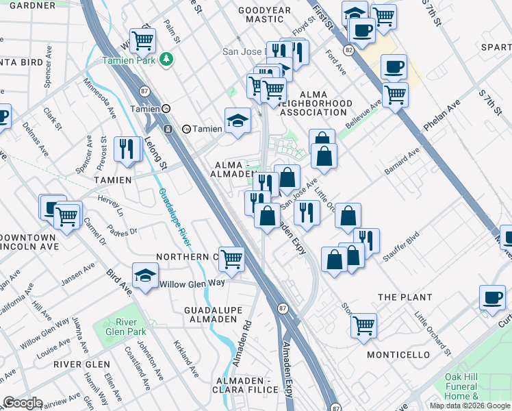 map of restaurants, bars, coffee shops, grocery stores, and more near 1605 Almaden Road in San Jose