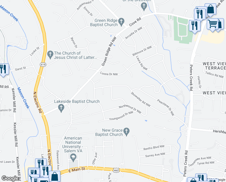 map of restaurants, bars, coffee shops, grocery stores, and more near 1685 Sigmon Road Northwest in Roanoke