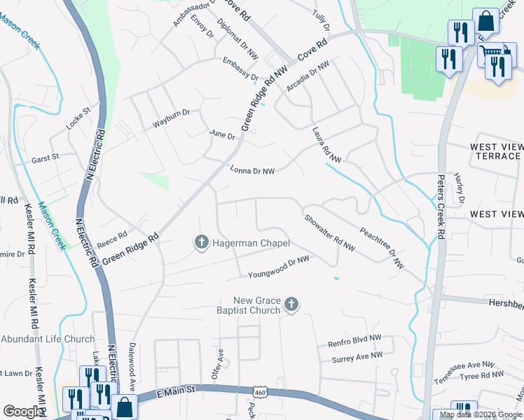 map of restaurants, bars, coffee shops, grocery stores, and more near 4952 Showalter Road Northwest in Roanoke
