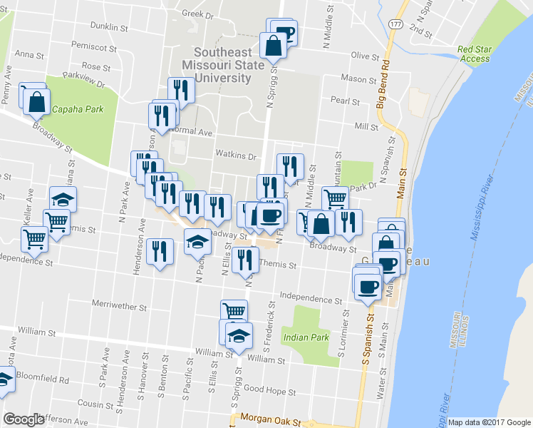 map of restaurants, bars, coffee shops, grocery stores, and more near 625 Bellevue Street in Cape Girardeau