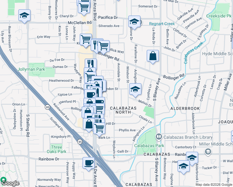 map of restaurants, bars, coffee shops, grocery stores, and more near 1060 Weyburn Lane in San Jose