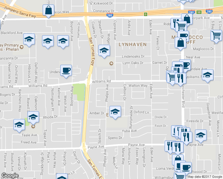 map of restaurants, bars, coffee shops, grocery stores, and more near 3520 Walton Way in San Jose