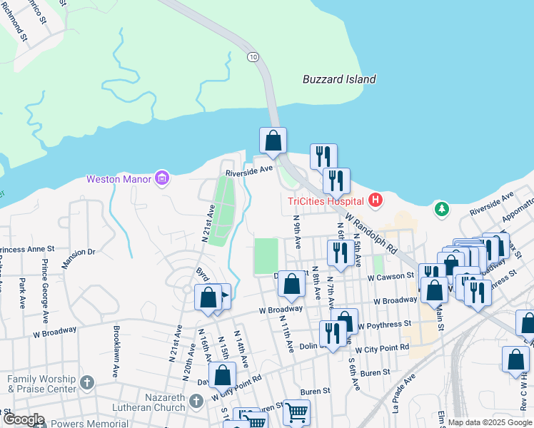 map of restaurants, bars, coffee shops, grocery stores, and more near 633 Eppes Street in Hopewell