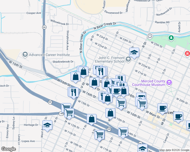 map of restaurants, bars, coffee shops, grocery stores, and more near 1445 West 18th Street in Merced