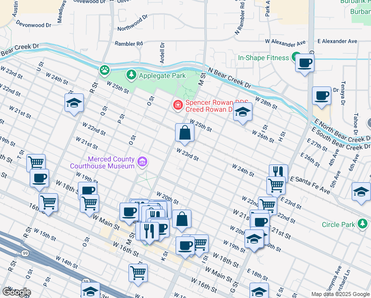 map of restaurants, bars, coffee shops, grocery stores, and more near 517 West 23rd Street in Merced