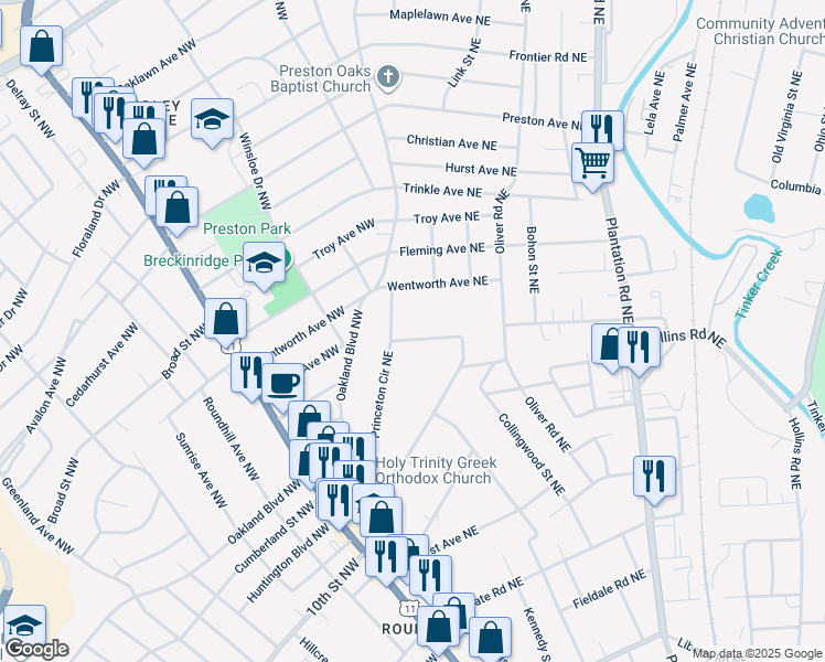 map of restaurants, bars, coffee shops, grocery stores, and more near 118 Princeton Circle Northeast in Roanoke