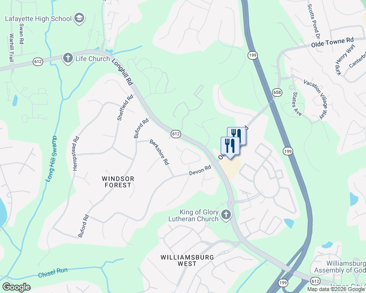 map of restaurants, bars, coffee shops, grocery stores, and more near 4700 Longhill Road in Williamsburg