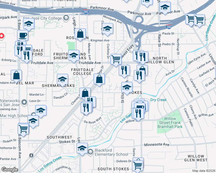map of restaurants, bars, coffee shops, grocery stores, and more near 960 Lakeshire Court in San Jose