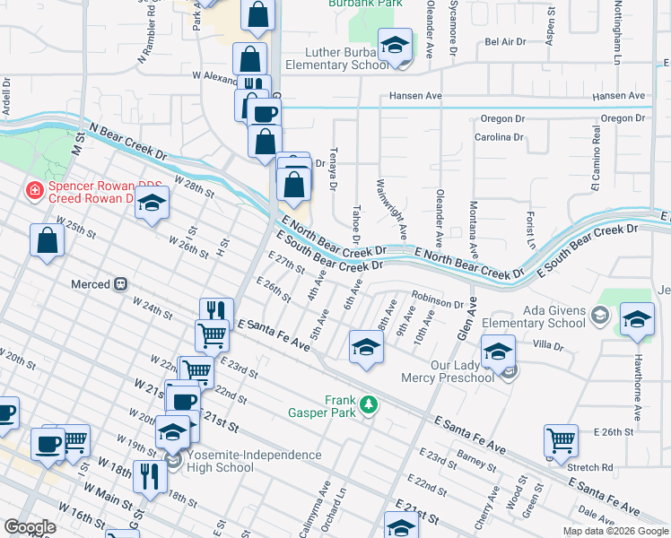 map of restaurants, bars, coffee shops, grocery stores, and more near 420 East South Bear Creek Drive in Merced