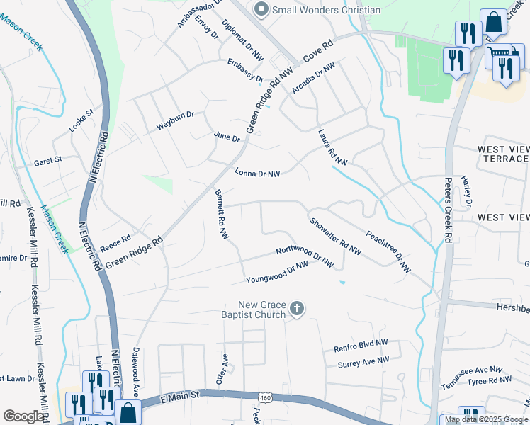 map of restaurants, bars, coffee shops, grocery stores, and more near 1685 Sigmon Road Northwest in Roanoke