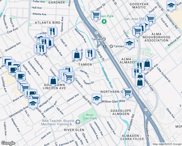 map of restaurants, bars, coffee shops, grocery stores, and more near 579 Falcon Place in San Jose