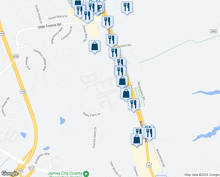 map of restaurants, bars, coffee shops, grocery stores, and more near 702 Westgate Circle in Williamsburg