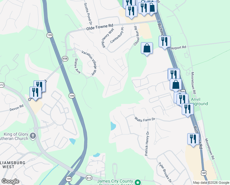 map of restaurants, bars, coffee shops, grocery stores, and more near 5335 Aden Court in Williamsburg