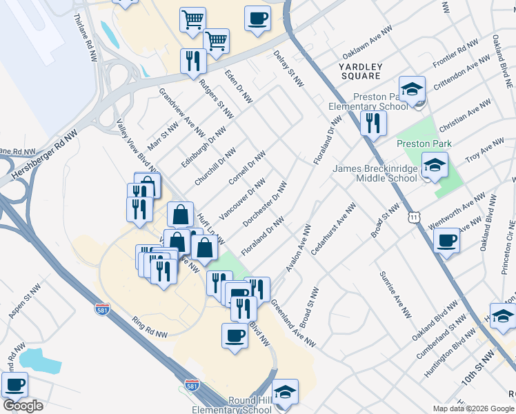 map of restaurants, bars, coffee shops, grocery stores, and more near 2530 Dorchester Drive Northwest in Roanoke