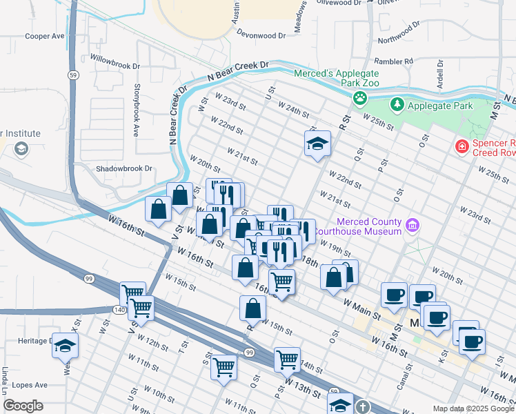 map of restaurants, bars, coffee shops, grocery stores, and more near 1245 West 19th Street in Merced