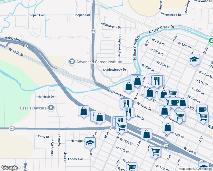 map of restaurants, bars, coffee shops, grocery stores, and more near 1705 West North Bear Creek Drive in Merced