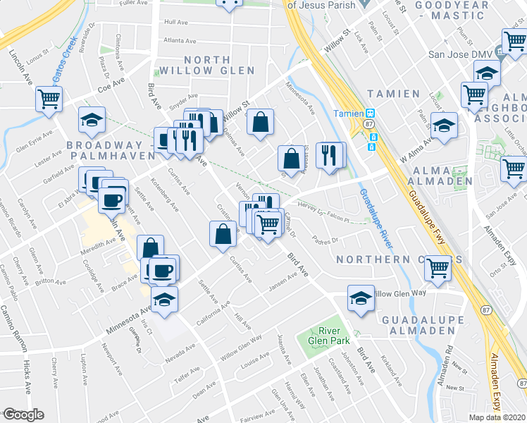 map of restaurants, bars, coffee shops, grocery stores, and more near 1366 Vernon Avenue in San Jose