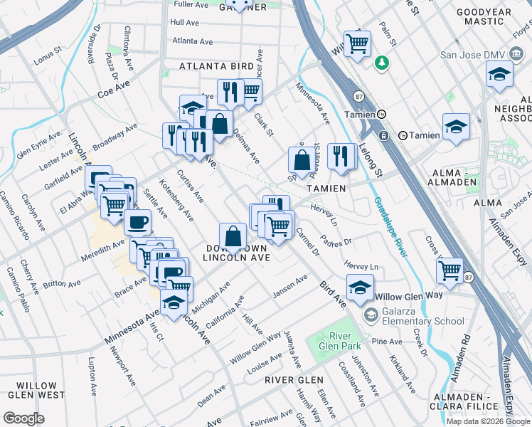 map of restaurants, bars, coffee shops, grocery stores, and more near 1366 Vernon Avenue in San Jose