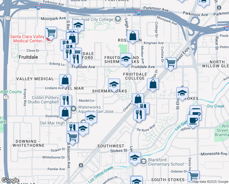 map of restaurants, bars, coffee shops, grocery stores, and more near in San Jose