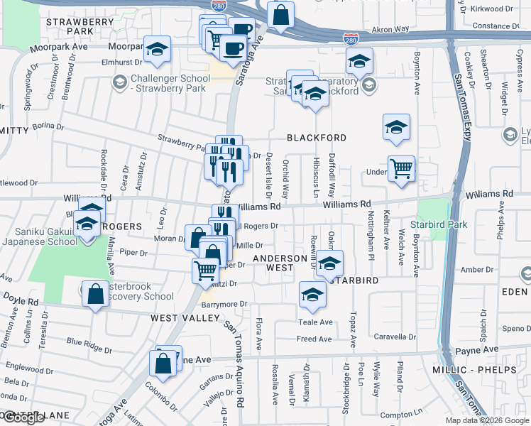map of restaurants, bars, coffee shops, grocery stores, and more near 4130 Williams Road in San Jose