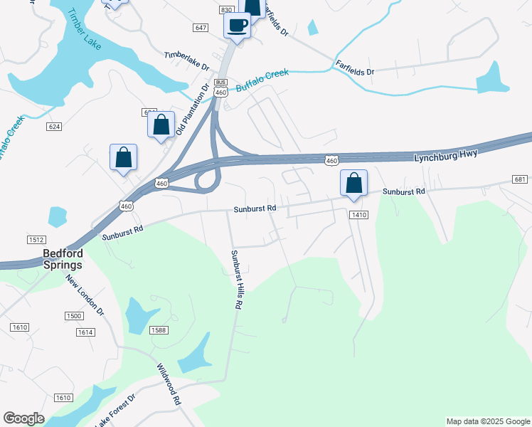 map of restaurants, bars, coffee shops, grocery stores, and more near 2096 Sunburst Road in Evington