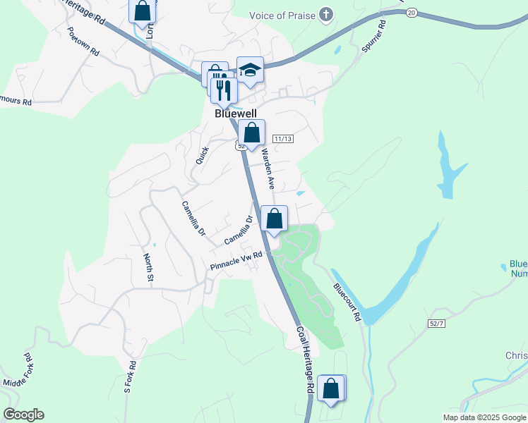 map of restaurants, bars, coffee shops, grocery stores, and more near 269 Warden Avenue in Bluefield