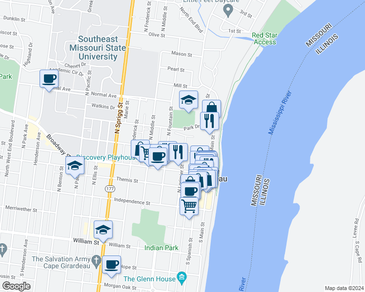 map of restaurants, bars, coffee shops, grocery stores, and more near 314 North Lorimier Street in Cape Girardeau