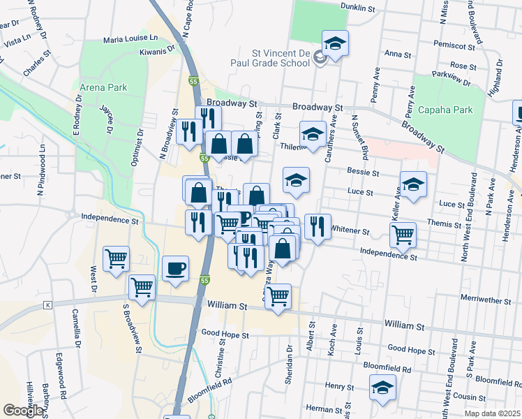 map of restaurants, bars, coffee shops, grocery stores, and more near 111 Clark Street in Cape Girardeau