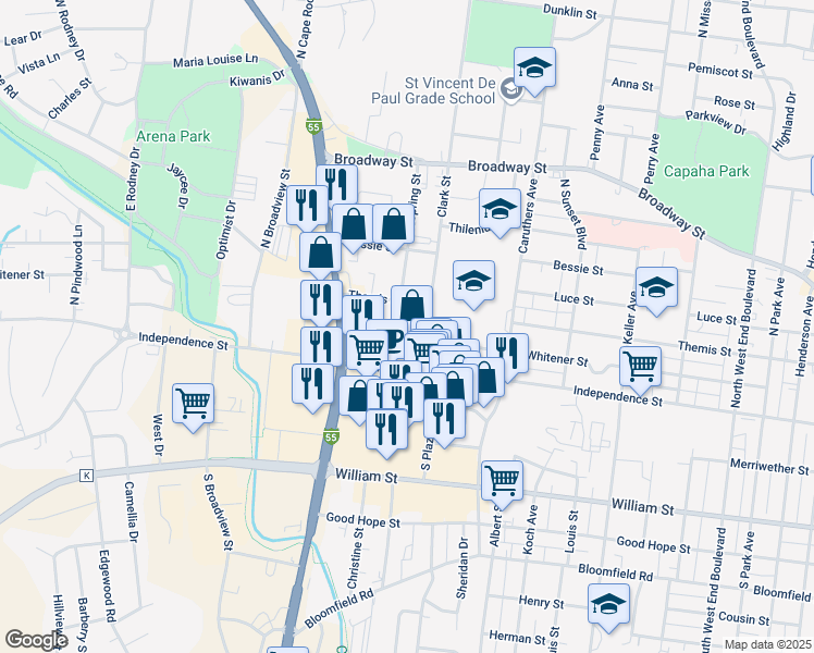 map of restaurants, bars, coffee shops, grocery stores, and more near 111 Clark Street in Cape Girardeau