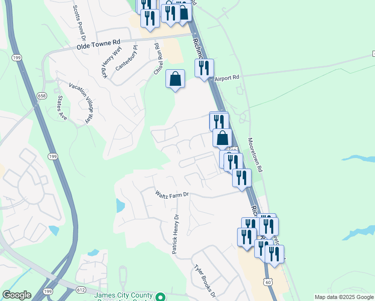 map of restaurants, bars, coffee shops, grocery stores, and more near 222 Claiborne Drive in Williamsburg