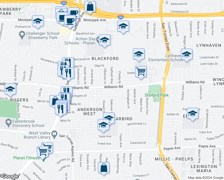 map of restaurants, bars, coffee shops, grocery stores, and more near 3982 Williams Road in San Jose