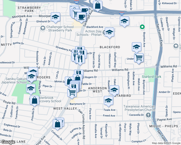 map of restaurants, bars, coffee shops, grocery stores, and more near 4130 Williams Road in San Jose