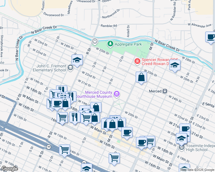 map of restaurants, bars, coffee shops, grocery stores, and more near 826 West 22nd Street in Merced