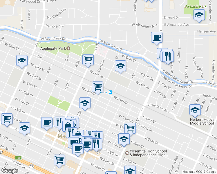 map of restaurants, bars, coffee shops, grocery stores, and more near 2400 K Street in Merced