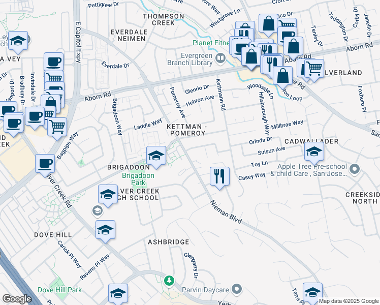 map of restaurants, bars, coffee shops, grocery stores, and more near 2356 Blanding Avenue in San Jose