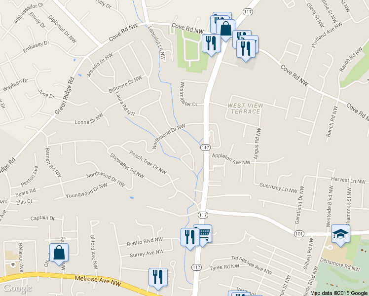map of restaurants, bars, coffee shops, grocery stores, and more near 1904 Meadowbrook Road Northwest in Roanoke