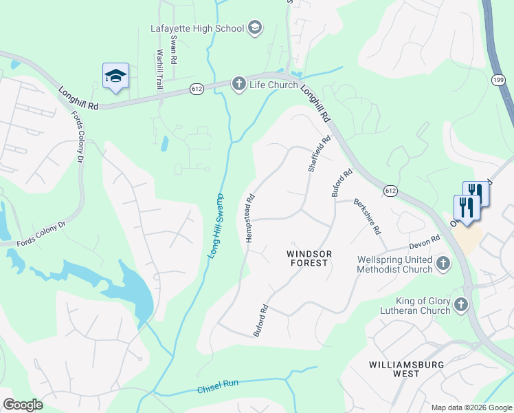 map of restaurants, bars, coffee shops, grocery stores, and more near 209 Hempstead Road in Williamsburg