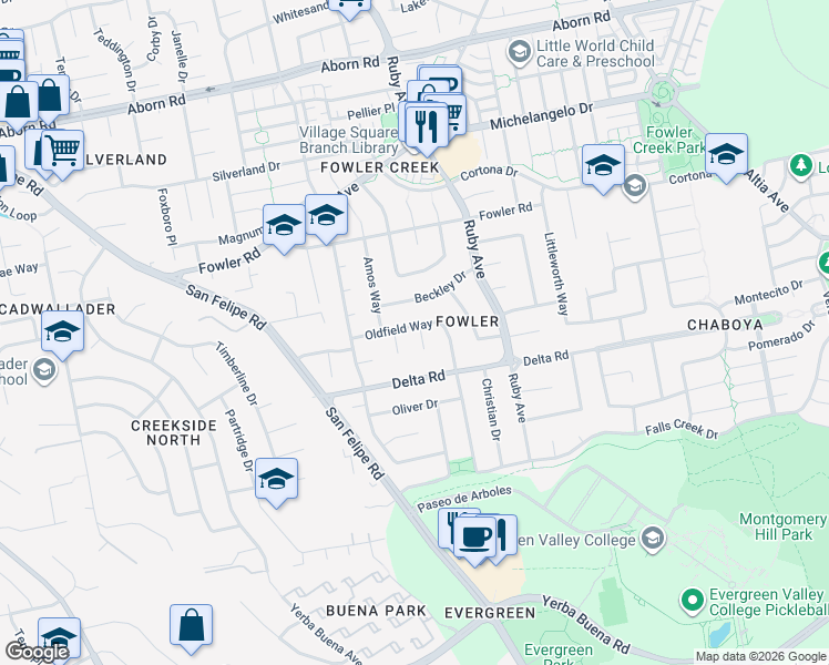 map of restaurants, bars, coffee shops, grocery stores, and more near 4123 Snowbank Court in San Jose