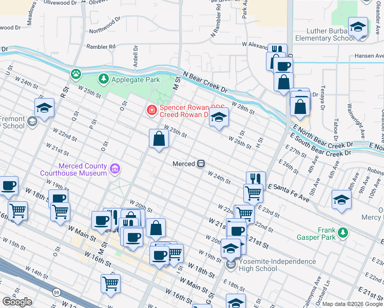 map of restaurants, bars, coffee shops, grocery stores, and more near 2400 K Street in Merced