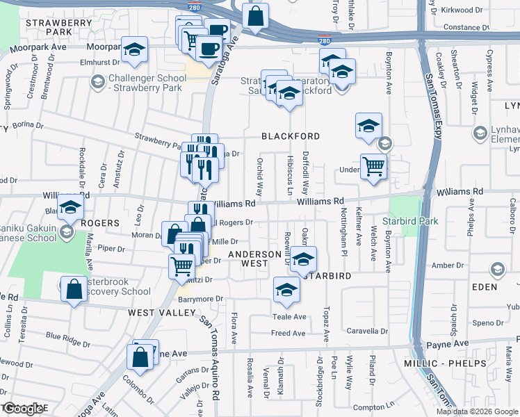 map of restaurants, bars, coffee shops, grocery stores, and more near 4070 Williams Road in San Jose