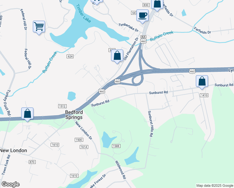 map of restaurants, bars, coffee shops, grocery stores, and more near 2423 Sunburst Road in Evington