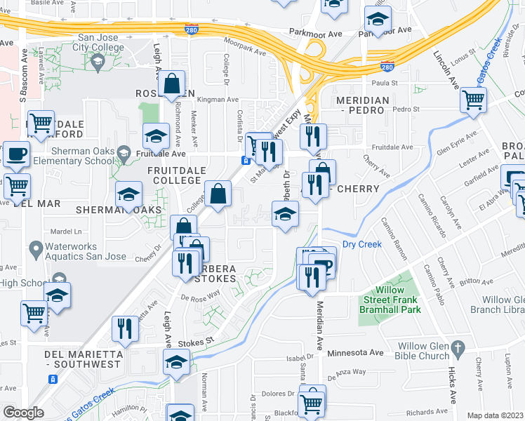 map of restaurants, bars, coffee shops, grocery stores, and more near 1534 Huddersfield Court in San Jose