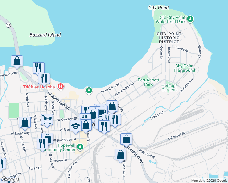 map of restaurants, bars, coffee shops, grocery stores, and more near 503 Appomattox Street in Hopewell