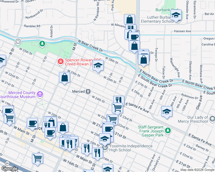 map of restaurants, bars, coffee shops, grocery stores, and more near 161 West 25th Street in Merced