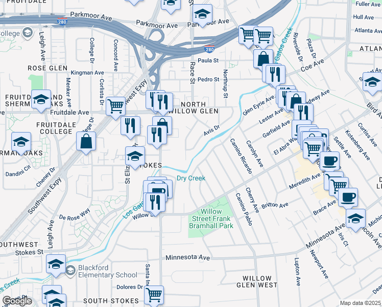 map of restaurants, bars, coffee shops, grocery stores, and more near 1292 Avis Drive in San Jose