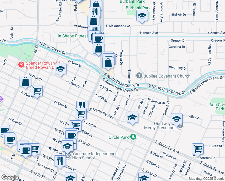 map of restaurants, bars, coffee shops, grocery stores, and more near 303 East 27th Street in Merced