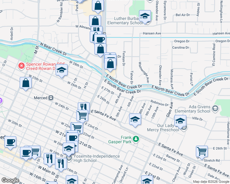 map of restaurants, bars, coffee shops, grocery stores, and more near 303 East 27th Street in Merced