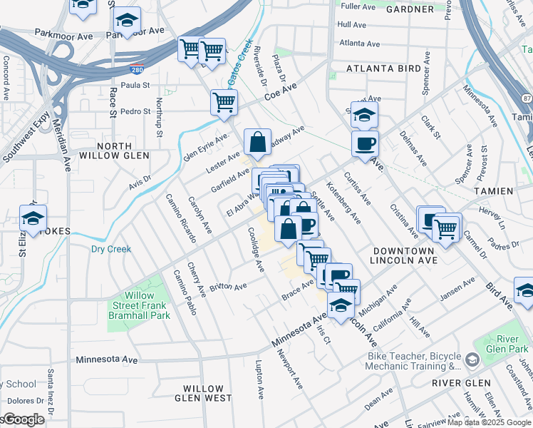 map of restaurants, bars, coffee shops, grocery stores, and more near 1122 Willow Street in San Jose