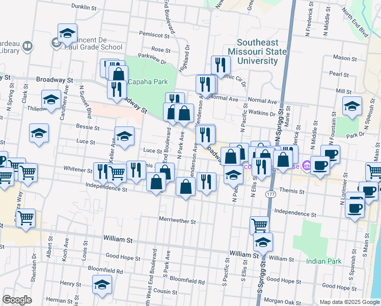 map of restaurants, bars, coffee shops, grocery stores, and more near 207 Henderson Avenue in Cape Girardeau