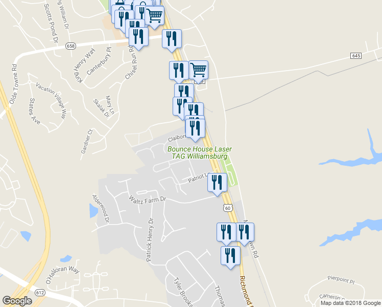 map of restaurants, bars, coffee shops, grocery stores, and more near 302 Westgate Circle in Williamsburg
